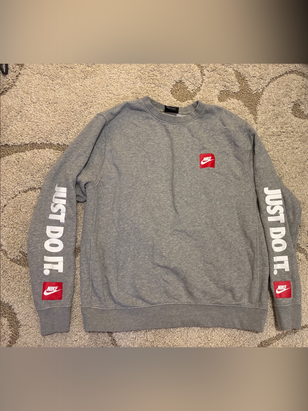 Nike Grey Crewneck Sweatshirt with Red Logo and White Sleeve Text